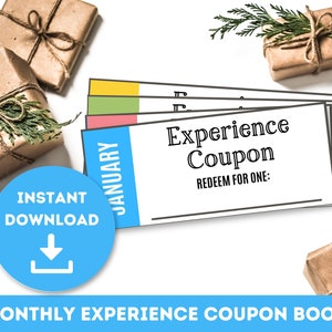 May include: A printable monthly experience coupon book with a brown and white gift box and the text "Experience Coupon" and "Redeem for One".