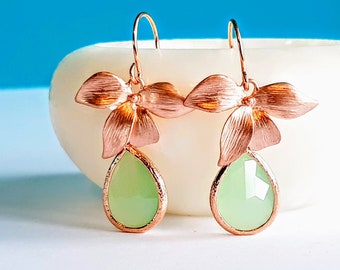 Matte Rose Gold Orchid Flower Leaf Earrings with Mint Green Crystal Drop