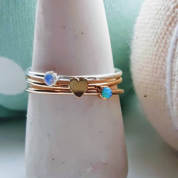 Dainty Opal & Heart Ring / Stacking Rings / Sterling Silver / Gold / Rose Gold / Opal / Heart / Band / Mixed Metal / 14K / Mix and Match