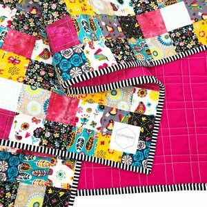 Hot Pink Patchwork Quilt, Eclectic Baby Blanket, Bright Primary Heirloom Quilt