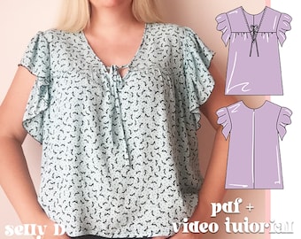 Top Pdf Sewing Pattern, Women's Top, Short Sleeve Top, Ruffled Sleeves, Blouse sewing pattern, Instant Download