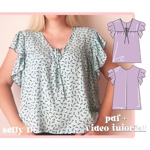 Top Pdf Sewing Pattern, Women's Top, Short Sleeve Top, Ruffled Sleeves, Blouse sewing pattern, Instant Download