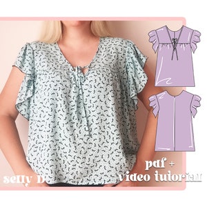 Top Pdf Sewing Pattern, Women&#39;s Top, Short Sleeve Top, Ruffled Sleeves, Blouse sewing pattern, Instant Download
