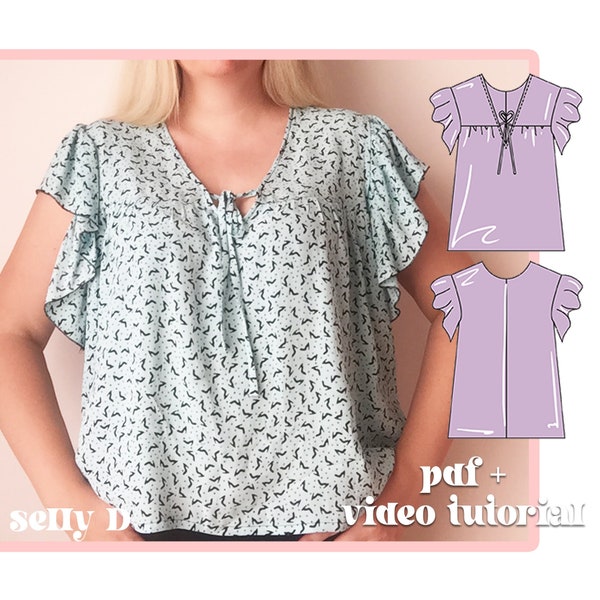 Top Pdf Sewing Pattern, Women's Top, Short Sleeve Top, Ruffled Sleeves, Blouse sewing pattern, Instant Download