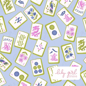 Può includere: Un motivo ripetitivo di tessere del Mahjong su uno sfondo azzurro. Le tessere presentano varie illustrazioni, tra cui draghi verdi, scimmie rosa etichettate come Joker, steli di bambù, fiori e caratteri cinesi nei colori rosa, blu e verde.