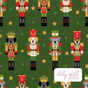 May include: A repeating pattern on a dark green background featuring various dog breeds dressed as nutcracker soldiers in red, green, and gold uniforms, interspersed with yellow stars. A white rectangular label displays the text lily girl STUDIO.