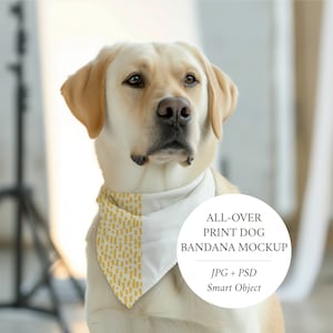 May include: A yellow Labrador Retriever wearing a white bandana with a yellow and white pattern. The bandana has the text "ALL-OVER PRINT DOG BANDANA MOCKUP JPG + PSD Smart Object" on it.