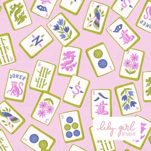 Fichas de mahjong sobre fondo rosa pastel con patrón sin costuras de Lily Girl Studio (JPEG, descarga digital)