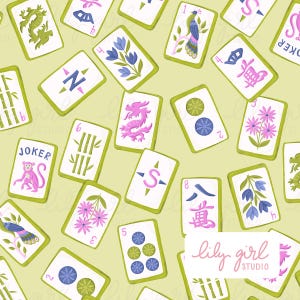 Motif sans couture de tuiles de mahjong sur fond vert pastel par Lily Girl Studio (JPEG, téléchargement numérique)