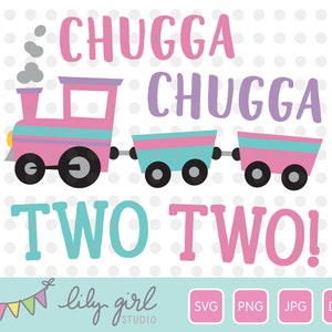 Chugga Chugga Dos Dos Rosa, Púrpura, Tren Azulado SVG, 2do Cumpleaños SVG, Archivo de Corte para Cricut o Silueta, Descarga Instantánea, Jpg, Png, Dxf