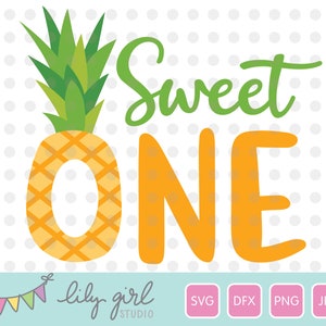May include: A digital design featuring a pineapple with the text "Sweet One" in green and orange. The design is perfect for a first birthday party.