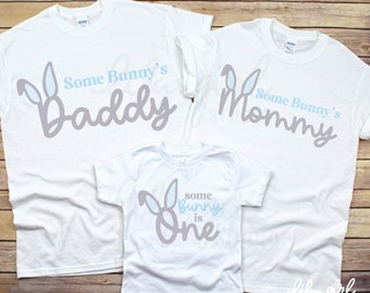 Some Bunny is ONE Family Matching SVGs, Blue, 1st Birthday Party SVG JPG, Cutting File for Cricut or Silhouette, Mommy, Daddy, and Baby