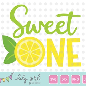 May include: A yellow lemon slice with green leaves and the text "Sweet One" in green and yellow. The text is in a handwritten style. The image is on a white background with small grey polka dots.