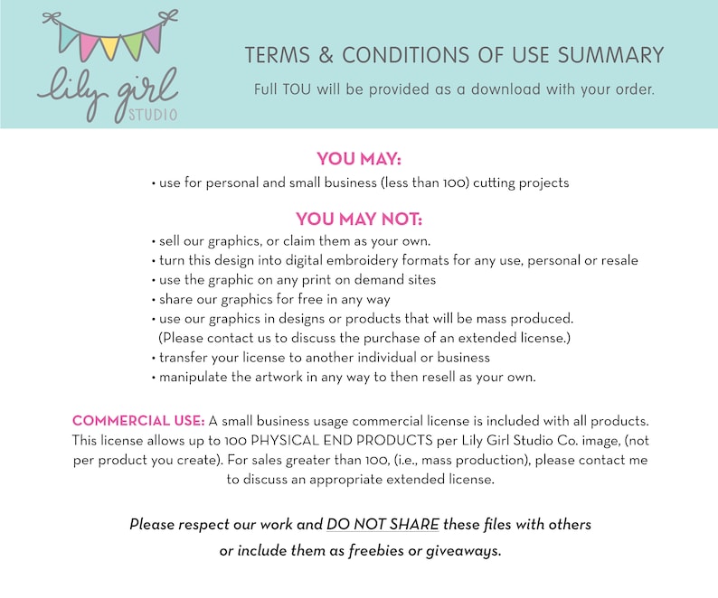 May include: Terms and Conditions of Use Summary for digital graphics. This document outlines the permitted and prohibited uses for commercial and personal projects. It includes a small business usage commercial license allowing up to 100 physical end products per image.