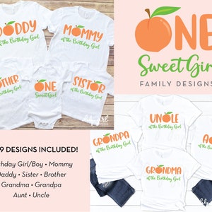 Ein süßes Mädchen Pfirsich passende Familie SVGs, 1. Geburtstagsparty, Schneidedatei für Cricut oder Silhouette, Großeltern, Geschwister, Tante, Onkel