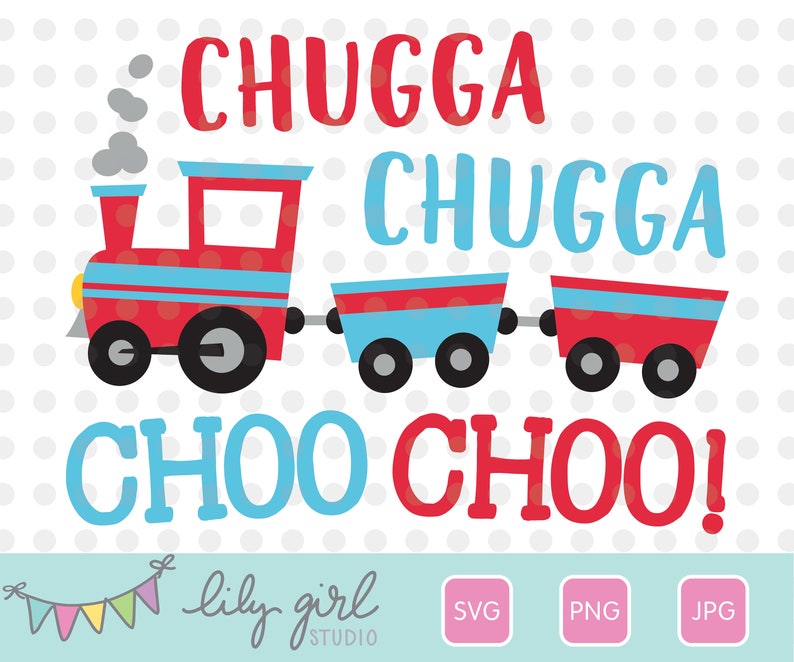 Pode incluir: Trem vermelho e azul com as palavras "Chugga Chugga Choo Choo!" em letras vermelhas e azuis. O trem tem uma chamin&eacute; e tr&ecirc;s vag&otilde;es.