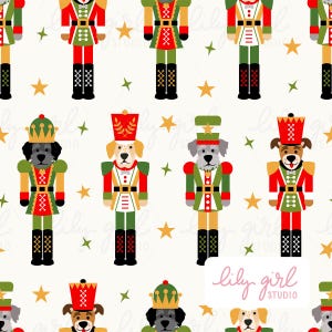 May include: A repeating pattern featuring stylized nutcracker figures dressed in red, green, and gold uniforms, interspersed with various dog breeds wearing matching hats and outfits, all set against a cream background with gold stars.