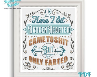 Broken Hearted Funny Cross Stitch Pattern Limerick in Blue and Brown, Cross Stitch Lover Gift for Bathroom Decor, PDF Digital Download