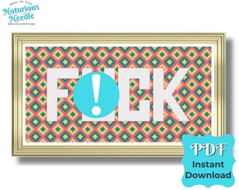 Curse Swear Word Cross Stitch Pattern, Fuck in Assisi Style in Coral, Yellow and Sea Green Retro Diamond Design PDF Instant Digital Download
