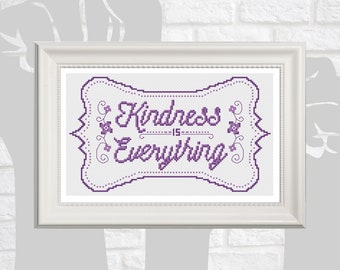 Kindness is Everything Cross Stitch Pattern with Purple Border and Flowers, Inspirational Quote, PDF Instant Digital Download