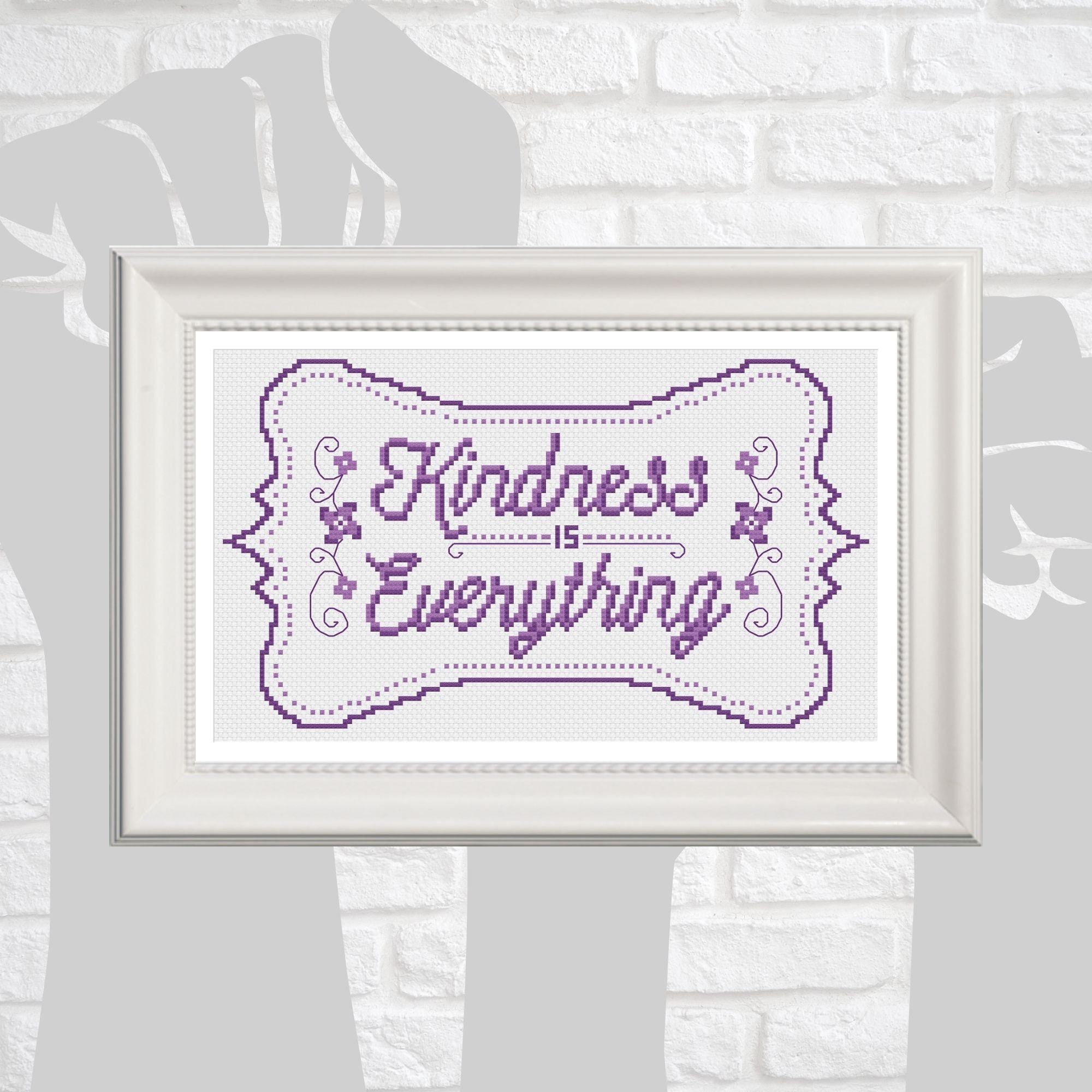 Kindness is Everything Cross Stitch Pattern with Purple Border and Flowers, Inspirational Quote, PDF Instant Digital Download