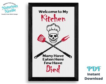 Many Have Eaten Here, Few Have Died Snarky Cross Stitch Pattern Quote in with Skull and Crossbones, PDF Instant Download for Kitchen