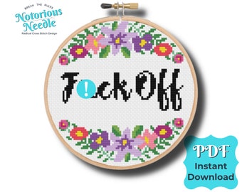 Curse Swear Word Quote, Fuck Off Cross Stitch Pattern in Black Alphabet with Purple Floral Wreath PDF Instant Digital Download