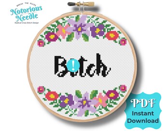 Curse Swear Word Quote, Bitch Cross Stitch Pattern in Black Alphabet with Purple Floral Wreath PDF Instant Digital Download