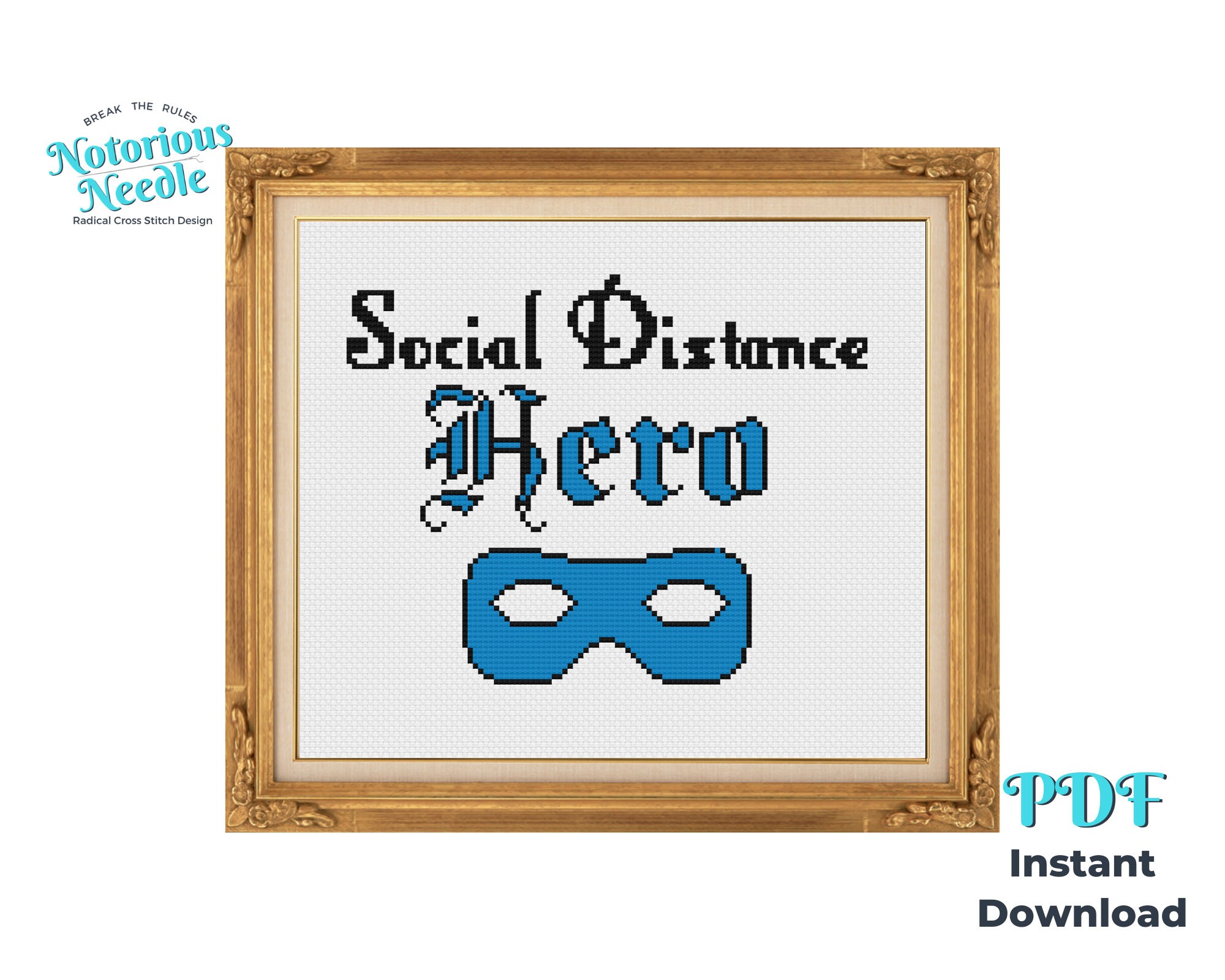 Social Distance Hero, Funny Quarantine Cross Stitch Pattern Quote in Black and Blue, PDF Instant Digital Download