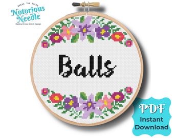 Balls Cross Stitch Pattern Quote, in Black Alphabet with Purple Floral Wreath, Curse Swear Word, PDF Instant Digital Download