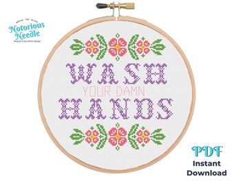 Wash Your Damn Hands, Funny Bathroom Cross Stitch Pattern Quote in Pink and Purple, PDF Instant Digital Download
