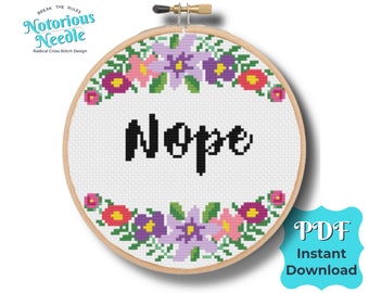 Nope Cross Stitch Pattern Funny Quote, in Black Alphabet with Purple Floral Wreath PDF Instant Digital Download