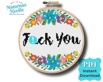 Curse Swear Word Cross Stitch Pattern Quote, Fuck You in Black with Rainbow Floral Wreath PDF Instant Digital Download