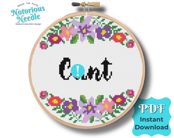 Curse Swear Word Quote, Cunt Cross Stitch Pattern in Black Alphabet with Purple Floral Wreath PDF Instant Digital Download