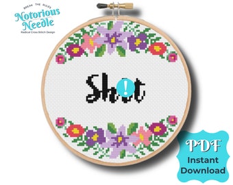 Curse Swear Word Cross Stitch Pattern Quote, Shit in Black with Purple Floral Wreath PDF Instant Digital Download