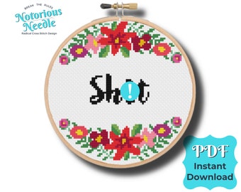 Curse Swear Word Quote, Shit Cross Stitch Pattern in Black Alphabet with Red Floral Wreath PDF Instant Digital Download