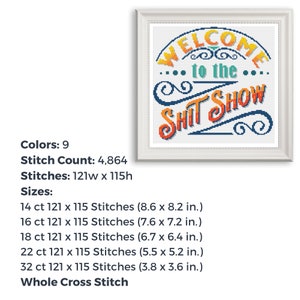 Bienvenue sur le Shit Show Snarky Cross Stitch Pattern Quote in Orange and Blue, Cross Stitch Lover Gift, PDF Instant Digital Download image 2