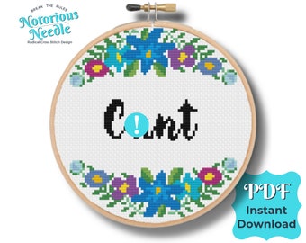 Curse Swear Word Cross Stitch Pattern Quote, Cunt in Black with Blue Floral Wreath PDF Instant Digital Download