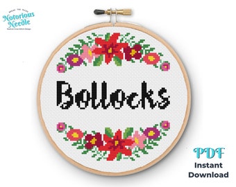 Curse Swear Word Quote, Bollocks Cross Stitch Pattern in Black Alphabet with Red Floral Wreath PDF Instant Digital Download