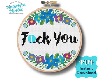 Curse Swear Word Cross Stitch Pattern Quote, Fuck You in Black with Blue Floral Wreath PDF Instant Digital Download