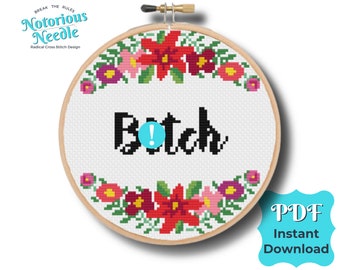 Curse Swear Word Cross Stitch Pattern Quote, Bitch in Black with Red Floral Wreath PDF Instant Digital Download
