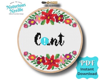 Curse Swear Word Cross Stitch Pattern Quote, Cunt in Black with Red Flower Wreath, Funny Embroidery Design PDF Instant Digital Download