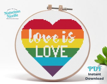 Love is Love LGBTQ+ Queer Quote in Rainbow Flag Heart & White Letters Cross Stitch Pattern PDF Instant Digital Download