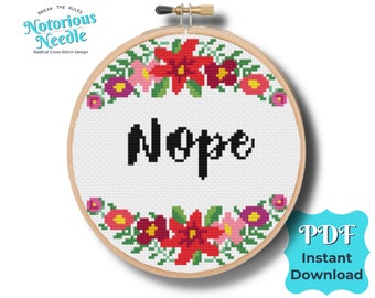 Funny Cross Stitch Pattern Quote, Nope in Black with Red Floral Wreath PDF Instant Digital Download