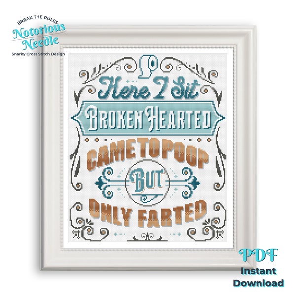 Broken Hearted Funny Cross Stitch Pattern Limerick in Blue and Brown, Cross Stitch Lover Gift for Bathroom Decor, PDF Digital Download