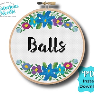 Curse Swear Word Cross Stitch Pattern Quote, Balls in Black with Blue Floral Wreath PDF Instant Digital Download