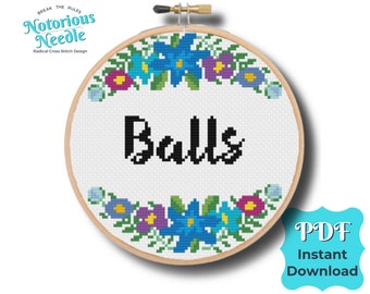 Curse Swear Word Cross Stitch Pattern Quote, Balls in Black with Blue Floral Wreath PDF Instant Digital Download
