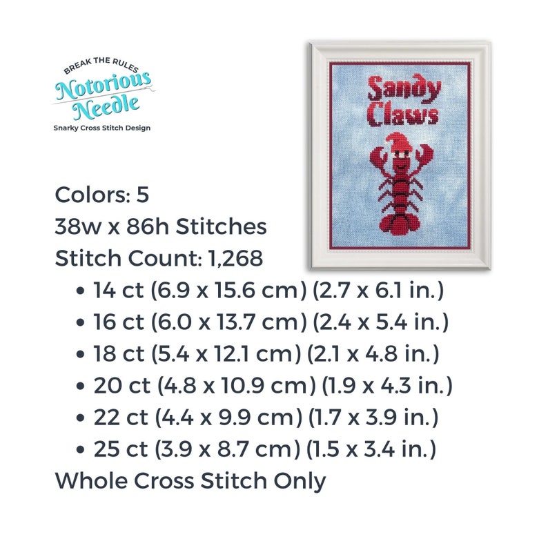 Sandy Claws Cute Lobster Cross Stitch Pattern, Santa Lover Gift for Christmas Decor, PDF Instant Digital Download image 3