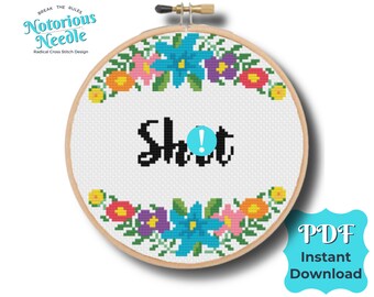 Curse Swear Word Quote, Shit Cross Stitch Pattern in Black Alphabet with Rainbow Floral Wreath PDF Instant Digital Download