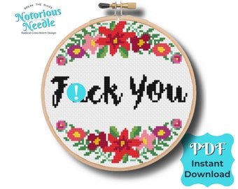 Curse Swear Word Cross Stitch Pattern Quote, Fuck You in Black with Red Floral Wreath PDF Instant Digital Download